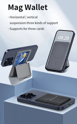 Mag wallet card holder with phone stand in dark gray, holding cards