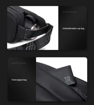 Black waterproof crossbody bag with front zipper pocket and adjustable strap