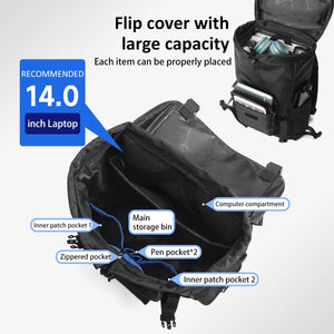 Black open messenger backpack interior with laptop compartment and multiple zip and pen pockets