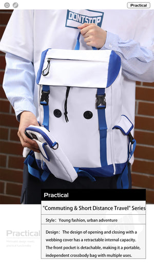 Blue and white backpack-style messenger bag with front zip pocket and adjustable shoulder straps