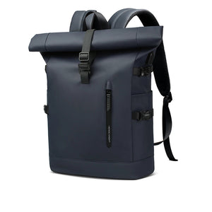 Navy roll-top waterproof travel backpack with front pocket and buckle closure