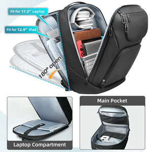 Black waterproof backpack with open laptop compartment and tablet sleeve for 12.9 in and 17.3 in