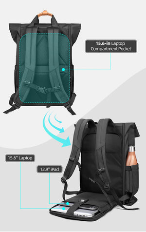 Black roll-top travel backpack with padded laptop sleeve and back backpack straps
