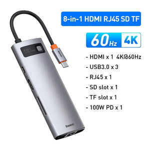 8-in-1 HDMI RJ45 SD TF device with specifications on a white background