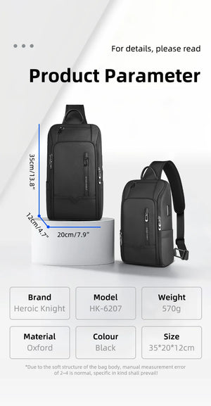Black compact crossbody bag with zip pockets and carry handle