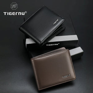 Tigernu men’s bi-fold card holder in black and brown PU leather with logos