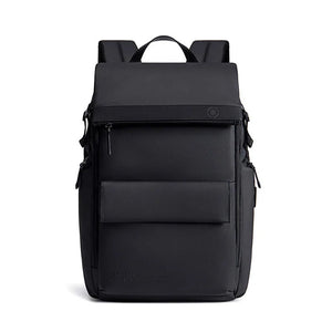 Waterproof travel backpack with top handle, front flap pocket, and side drawstrings