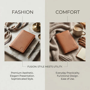 Tan leather passport wallet with embossed logo, displayed flat with notebook