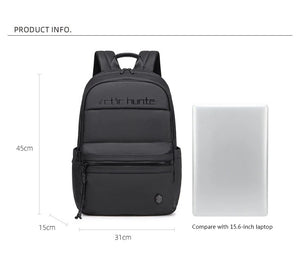 Black backpack with dimensions and laptop comparison on a white background