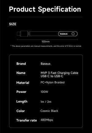 BASEUS MVP3 100W USB-C to UBS-C Elbowed Fast Charging Cable