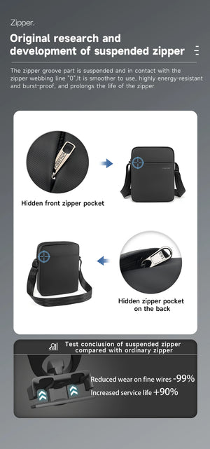 Black crossbody bag featuring hidden zipper pockets on front and back.