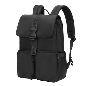 Black compact commuter backpack with front flap, buckled strap, and adjustable shoulder straps