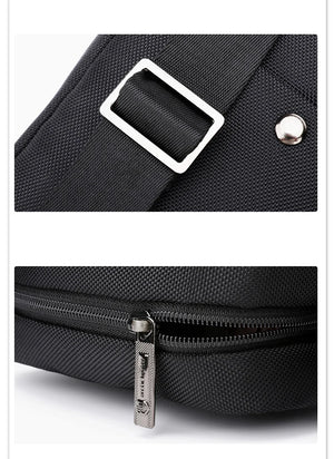 Close-up of black messenger bag with metal zipper pull and reinforced strap end