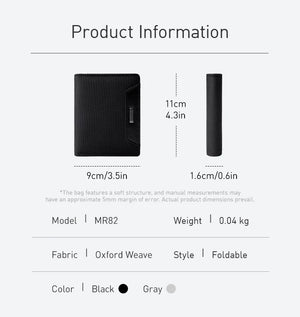 Black slim bifold wallet with size diagram, textured exterior and logo tab.