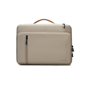 Beige waterproof laptop bag with top handle and front zip pocket, minimal protective design