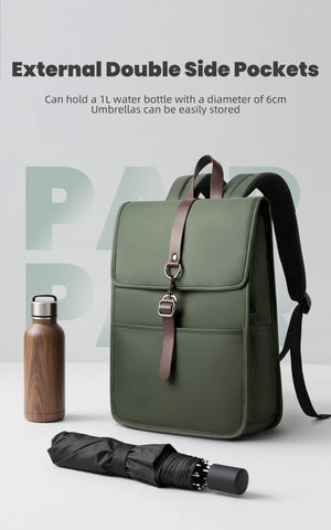 Green backpack with external double side pockets, front flap, and carry handle