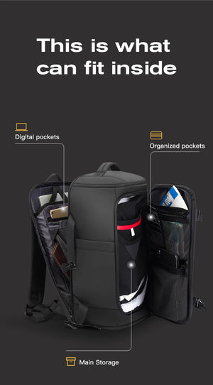 Waterproof backpack interior with organized pockets for digital items and main storage area