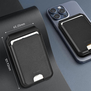Black leather MagSafe card holder wallet close-up with front card window