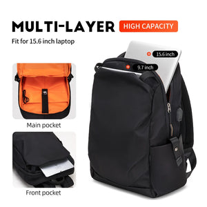 Black backpack with multi-layer design for 15.6 in laptop and front pocket