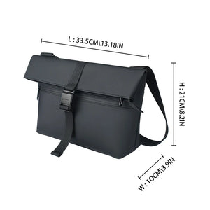 Black compact messenger bag size measurements: 33.5cm x 10cm x 21.2cm
