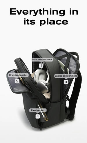 Black backpack with front, main, and laptop compartments plus organized pockets