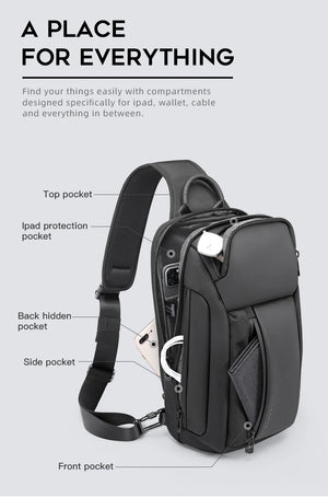 Dark gray compact waterproof crossbody bag with front pocket, side pocket, and crossbody strap