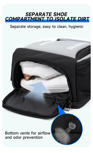 Black travel backpack with separate shoe compartment and vented bottom