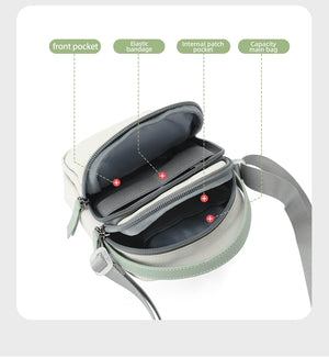 Waterproof crossbody bag open front view showing internal compartments