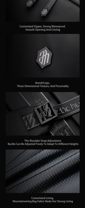 Black waterproof backpack with adjustable back strap and reinforced fabric stitching