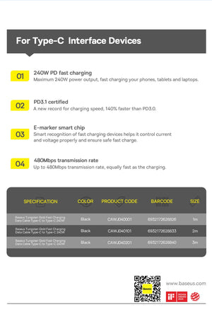 BASEUS Tungsten Gold 240W USB-C to USB-C Fast Charging Cable