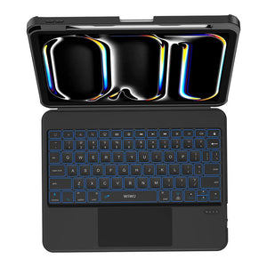Black keyboard case with 3-part stand and blue-backlit detachable keyboard