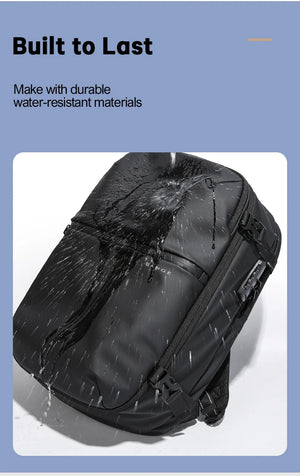 Black waterproof travel backpack with fabric surface showing raindrop protection