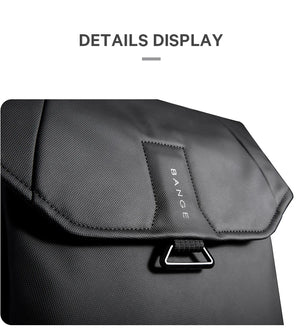 Black roll-top waterproof backpack flap with buckle and BANGE logo