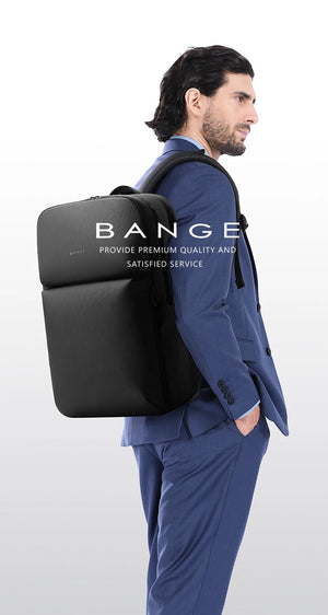 Black water-resistant travel backpack on person, side profile with logo