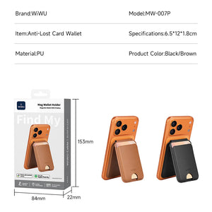 WiWU MagSafe wallet card holder with tracker slot, size and materials diagram