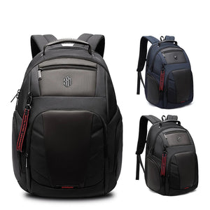 Black waterproof travel backpack, front and side views with adjustable shoulder straps