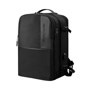 Black waterproof travel backpack with top handle and front zipper pocket