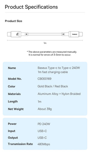BASEUS Dura Series 240W USB-C to UBS-C Fast Charging Cable