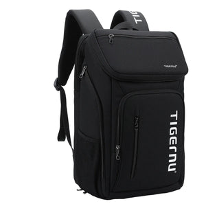 Black waterproof travel backpack with front zip pocket and front vertical TIGERNU logo