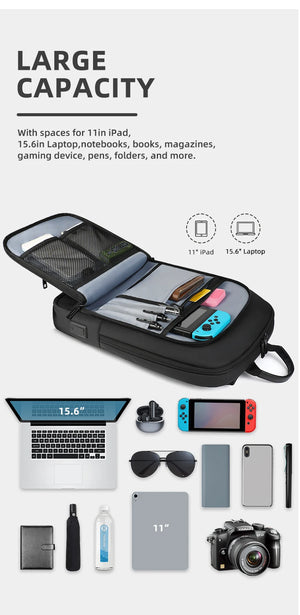 Black backpack with large capacity organizing 15.6-inch laptop and accessories