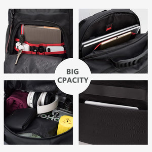 Black waterproof backpack open interior with organizer straps and padded compartment