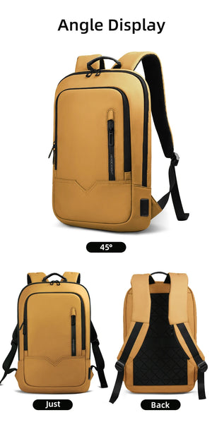 Yellow compact backpack shown from front, back, and side angles with top handle and straps