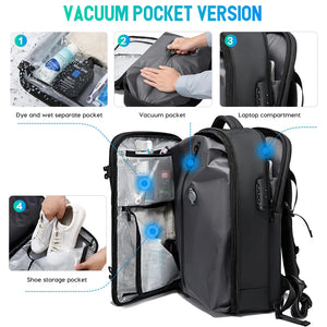 Black vacuum compression travel backpack open to show multiple interior compartments and pockets