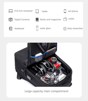 Black travel backpack interior with large main compartment and separated storage panels