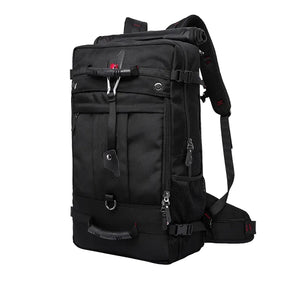 Black waterproof hiking backpack with front organizer pocket and adjustable chest strap