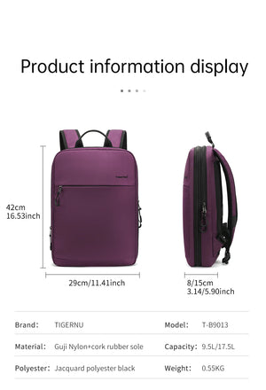 TIGERNU B9013 expandable waterproof backpack, purple front and side with dimensions