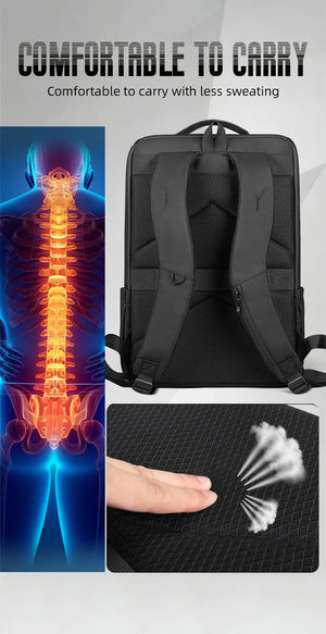 Black padded commuter backpack with comfortable back straps and breathable mesh panel