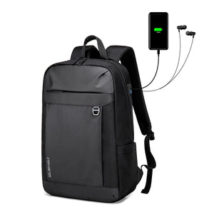 Black lightweight waterproof travel backpack with front pocket and cable pass-through