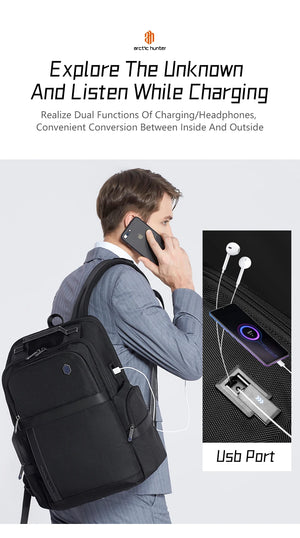 Black waterproof backpack with USB charging port and headphone cable connection