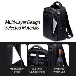 Black expandable travel backpack with top handle, front zip compartments, and shoulder straps